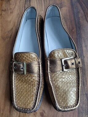 Tod's Gold Bronze Snake Loafers Size 8